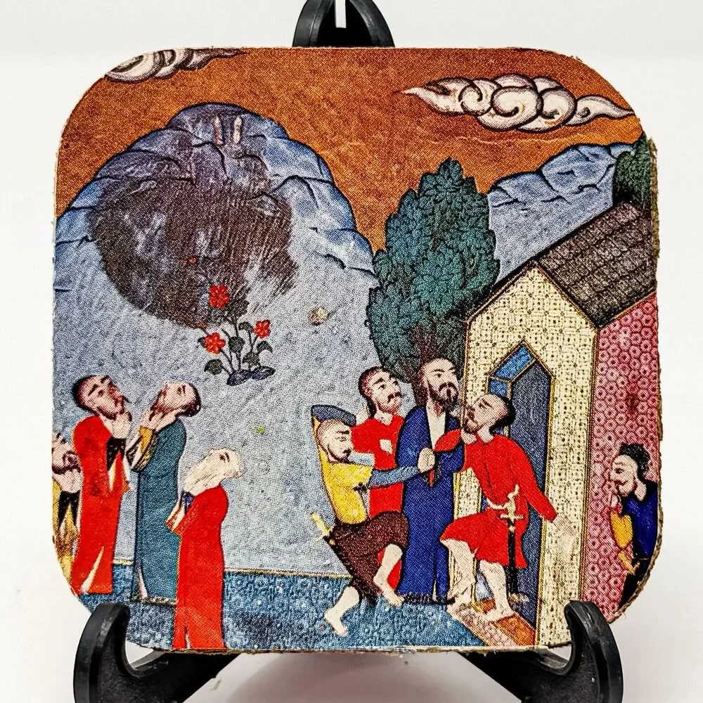 Vintage Persian Ottoman Miniature Art Coasters Set of 6 Fabric Covered Board